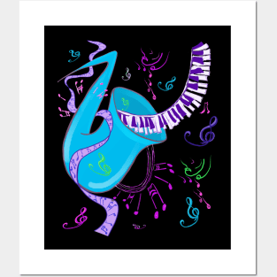 Jazz music shirt with saxophone, piano keys, musical notes. Posters and Art